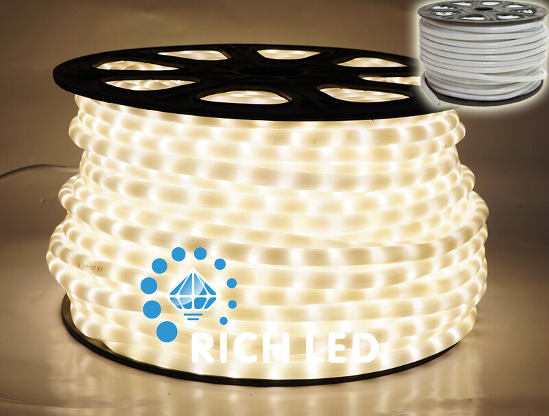 Светодиодный дюралайт Rich LED, 2-х проводной, матовый, теплый белый, кратность резки 1 метр, диаметр 13 мм, 220 В,100 м