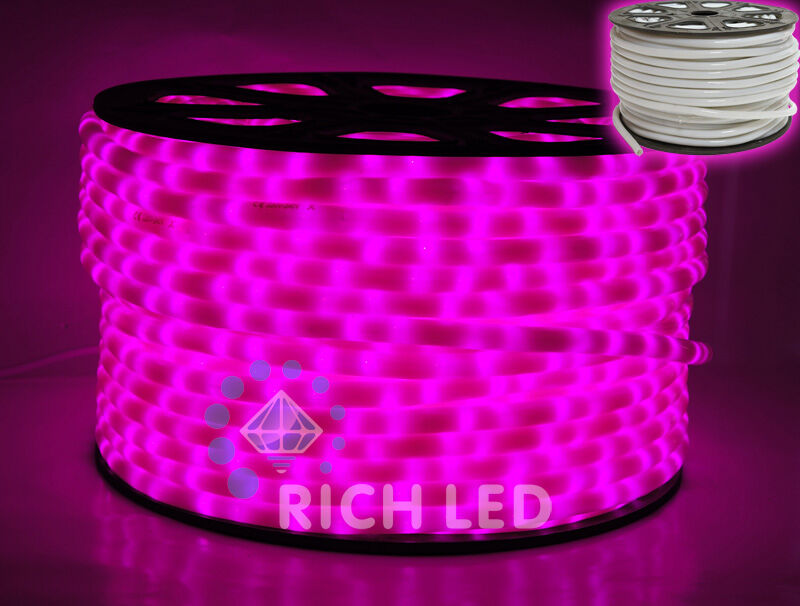Светодиодный дюралайт Rich LED, 2-х проводной, матовый, розовый, кратность резки 1 метр, диаметр 13 мм, 220 В,100 м. RIC