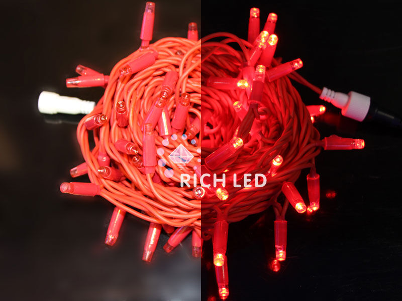 Светодиодная гирлянда Rich LED 10 м, 100 LED, 24 В, соединяемая, красная, красный резиновый провод, RICH LED