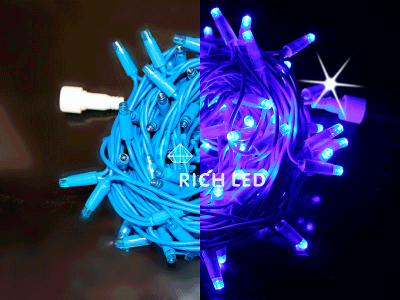Светодиодная гирлянда Rich LED 10 м, 100 LED, 220 В, соединяемая, мерцающая, синий резиновый провод, синяя RICH LED