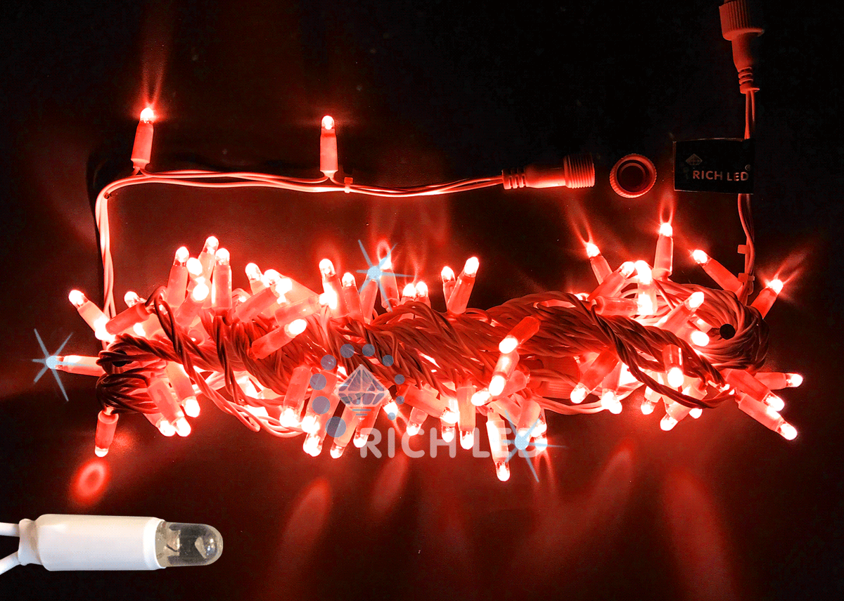 Светодиодная гирлянда Rich LED 10 м, 100 LED, 24В, соединяемая, влагозащитный колпачок, красная, мерцающая, белый провод