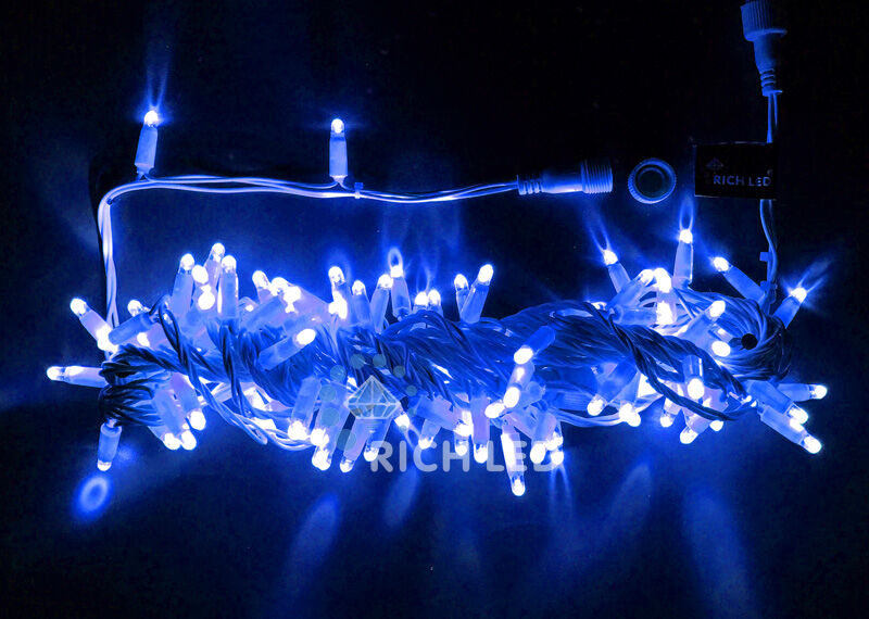 Светодиодная гирлянда Rich LED 10 м, 100 LED, 24В, соединяемая, влагозащитный колпачок, синяя, белый провод, RICH LED