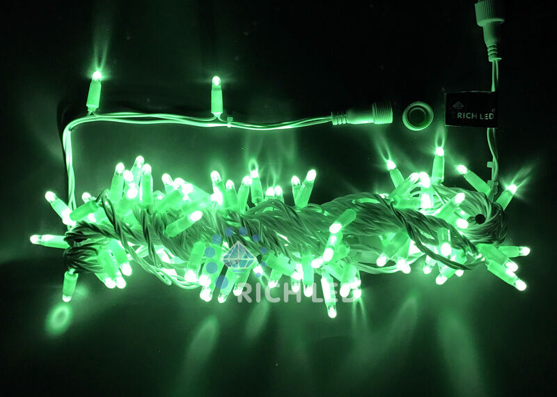 Светодиодная гирлянда Rich LED 10 м, 100 LED, 24В, соединяемая, влагозащитный колпачок, зеленая, белый провод, RICH LED