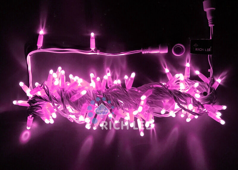 Светодиодная гирлянда Rich LED 10 м, 100 LED, 24В, соединяемая, влагозащитный колпачок, розовая, белый провод, RICH LED