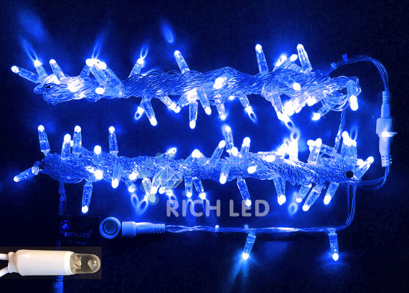 Светодиодная гирлянда Rich LED 10 м, 100 LED, 220 В, соединяемая, влагозащитный колпачок, синяя, прозрачный провод, RICH