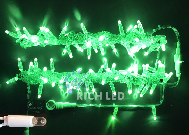 Светодиодная гирлянда Rich LED 10 м, 100 LED, 24В, соединяемая, влагозащитный колпачок, зеленая, прозрачный провод, RICH
