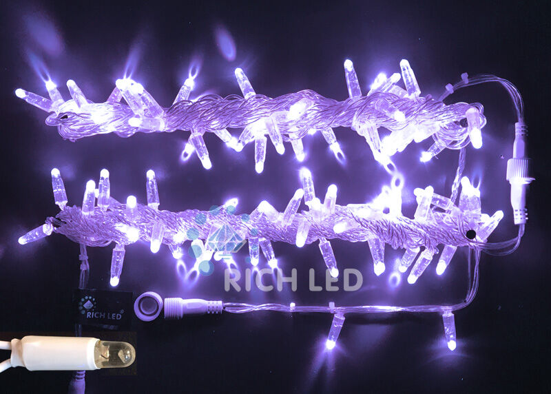 Светодиодная гирлянда Rich LED 10 м, 100 LED, 24В, соединяемая, влагозащитный колпачок, фиолетовая, прозрачный провод, R