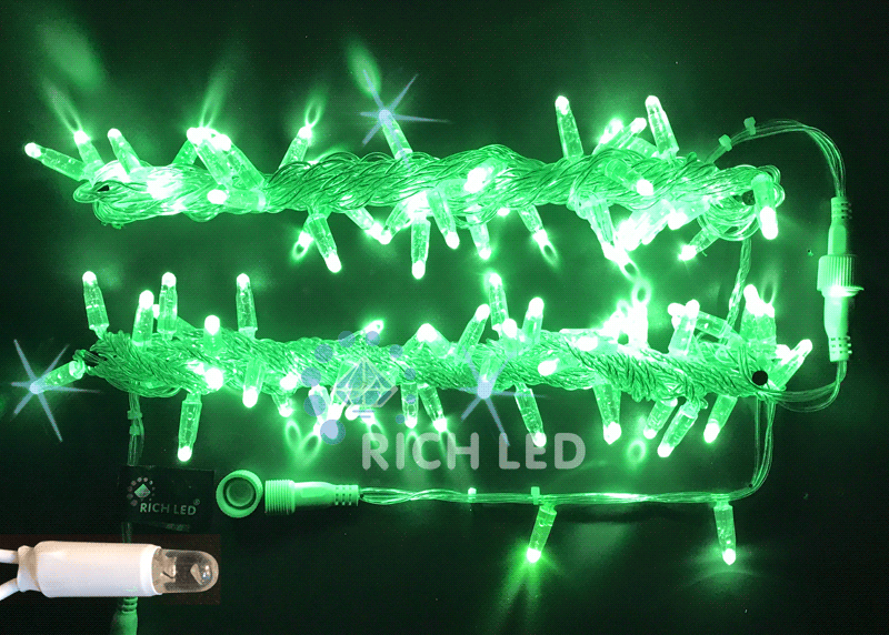 Светодиодная гирлянда Rich LED 10 м, 100 LED, 24В, соединяемая, влагозащитный колпачек, зеленая, мерцающая, прозрачный п