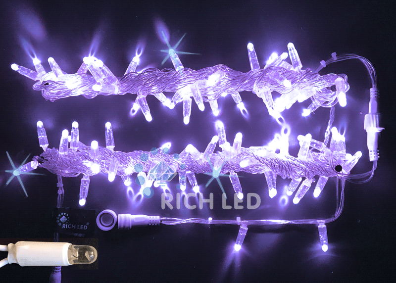 Светодиодная гирлянда Rich LED 10 м, 100 LED, 24В, соединяемая, влагозащитный колпачек, фиолетовая, мерцающая, прозрачны