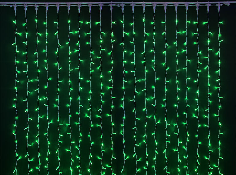 Светодиодный занавес (дождь) Rich LED 2*6 м, влагозащитный колпачок, зеленый, белый провод, RICH LED