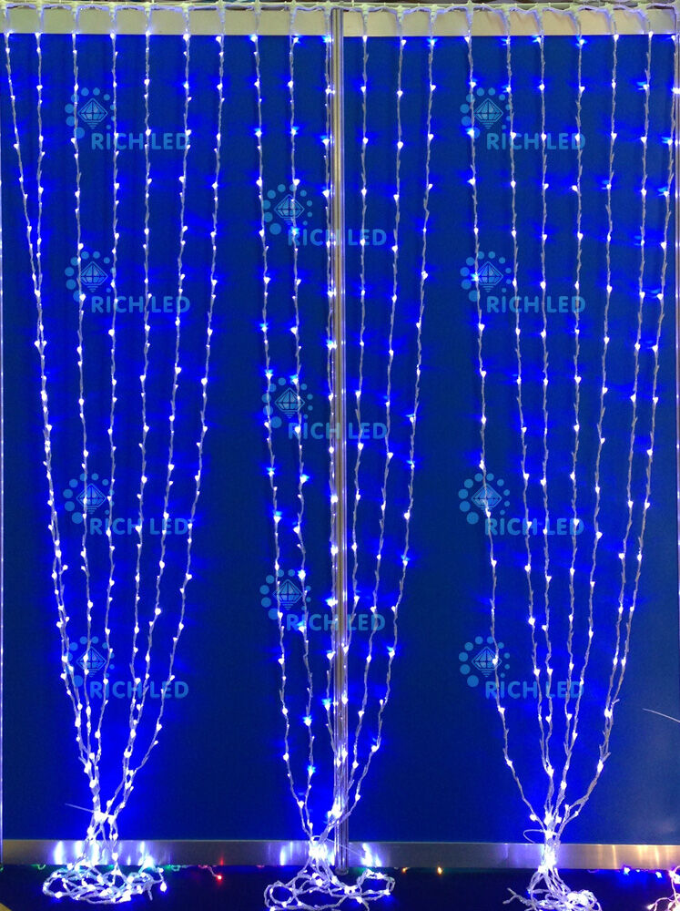 Светодиодный занавес водопад Rich LED 2*3 м, синий, 585 LED, 220 В, прозрачный провод, RICH LED