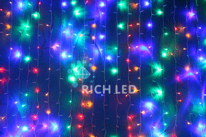 Светодиодный занавес Rich LED 2*1.5 м облегченный, мульти, полностью мерцающий, прозрачный провод, RICH LED