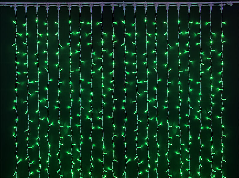 Светодиодный занавес (дождь) Rich LED 2*1.5 м облегченный, влагозащитный колпачок, зеленый, белый провод, RICH LED