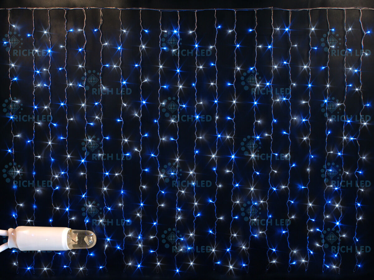Светодиодный занавес (дождь) Rich LED 2*1.5 м облегченный, влагозащитный колпачок, сине-белый, белый провод, RICH LED