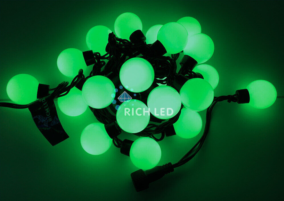 Светодиодная гирлянда большие Шарики Rich LED 5 м, 20 шариков, 220 В, соединяемая, зеленая, черный провод, RICH LED