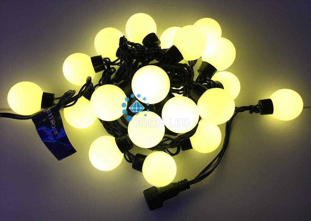 Светодиодная гирлянда большие шарики Rich LED 5 м, 20 шариков, 220 В, соединяемая, теплая белая, черный провод, RICH LED