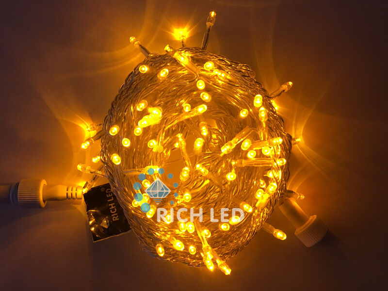 Светодиодная гирлянда Rich LED 10 м, 100 LED, 220 В, соединяемая, желтая, прозрачный провод, RICH LED