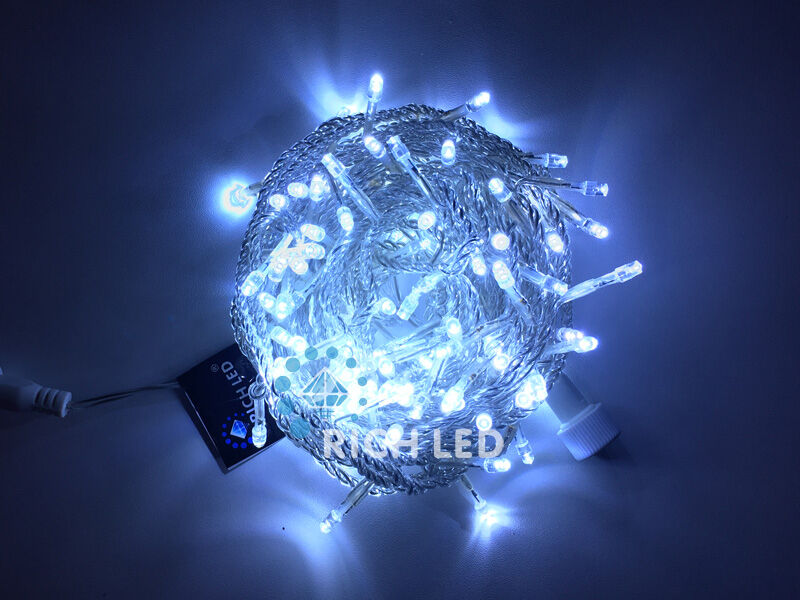 Светодиодная гирлянда Rich LED 10 м, 100 LED, 220 В, соединяемая, белая, прозрачный провод, RICH LED
