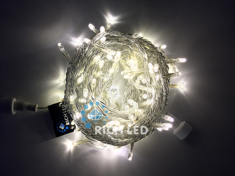 Светодиодная гирлянда Rich LED 10 м, 100 LED, 220 В, соединяемая, теплая белая, прозрачный провод, RICH LED