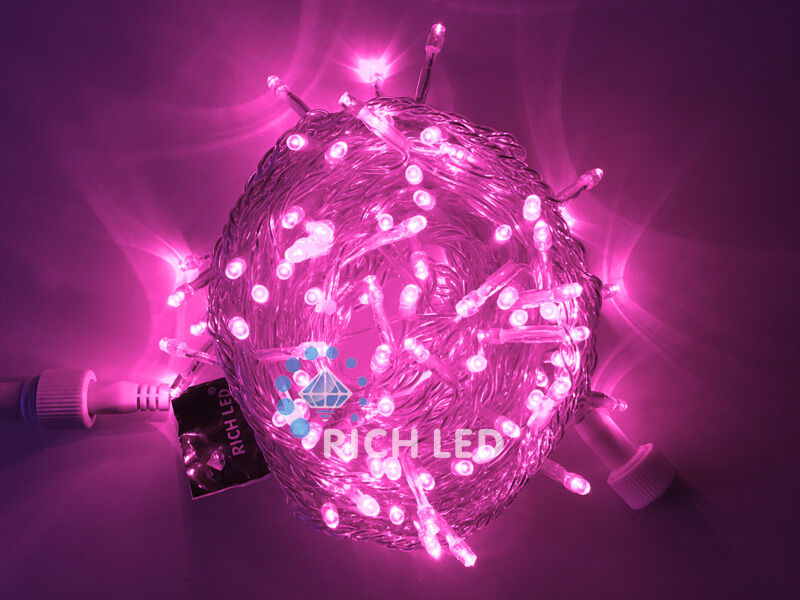 Светодиодная гирлянда Rich LED 10 м, 100 LED, 220 В, соединяемая, розовая, прозрачный провод, RICH LED