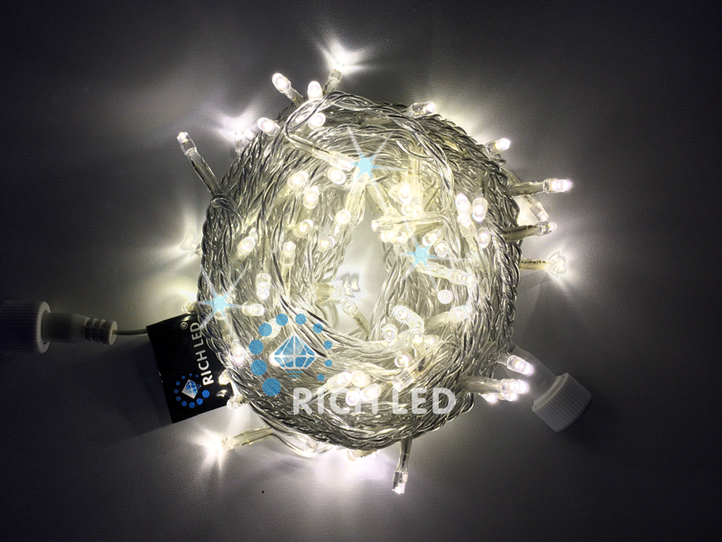 Светодиодная гирлянда Rich LED 10 м, 100 LED, 24 В, соединяемая, теплая белая, мерцающая, прозрачный провод RICH LED