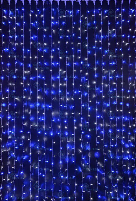 Светодиодный занавес (дождь) Rich LED 2*3 м, сине-белый, прозрачный провод, RICH LED