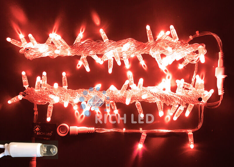 Светодиодная гирлянда Rich LED 10 м, 100 LED, 220 В, соединяемая, влагозащитный колпачок, красная, прозрачный провод, RI