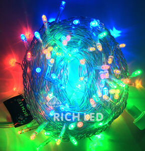 Светодиодная гирлянда Rich LED 10 м, 100 LED, 220 В, соединяемая, влагозащитный колпачок, мульти, прозрачный провод, RIC