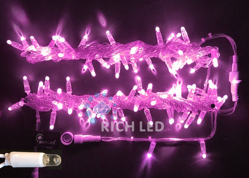 Светодиодная гирлянда Rich LED 10 м, 100 LED, 220 В, соединяемая, влагозащитный колпачок, розовая, прозрачный провод, RI