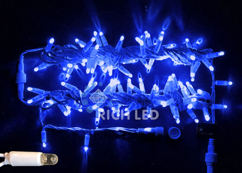 Светодиодная гирлянда Rich LED 10 м, 100 LED, 220 В, соединяемая, влагозащитный колпачок, синяя, белый провод, RICH LED