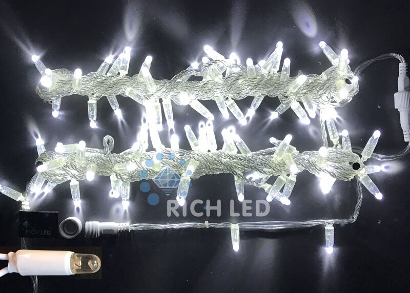 Светодиодная гирлянда Rich LED 10 м, 100 LED, 220 В, соединяемая, влагозащитный колпачок, белая, прозрачный провод, RICH