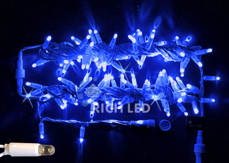 Светодиодная гирлянда Rich LED 10 м, 100 LED, 220 В, соединяемая, влагозащитный колпачок, синяя, мерцающая, белый провод