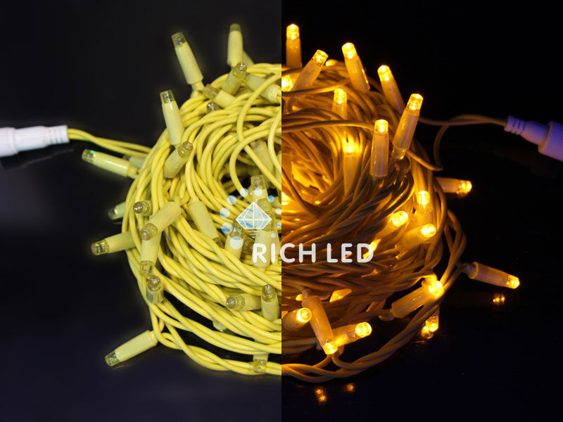 Светодиодная гирлянда Rich LED 10 м, 100 LED, 24 В, соединяемая, желтая, желтый резиновый провод, RICH LED