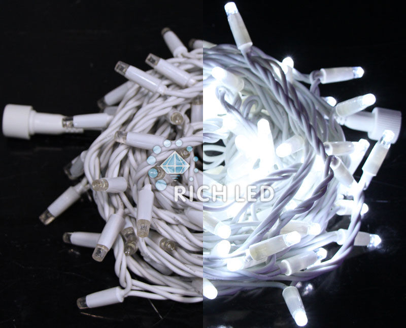 Светодиодная гирлянда Rich LED 10 м, 100 LED, 24 В, соединяемая, белая, белый резиновый провод, RICH LED