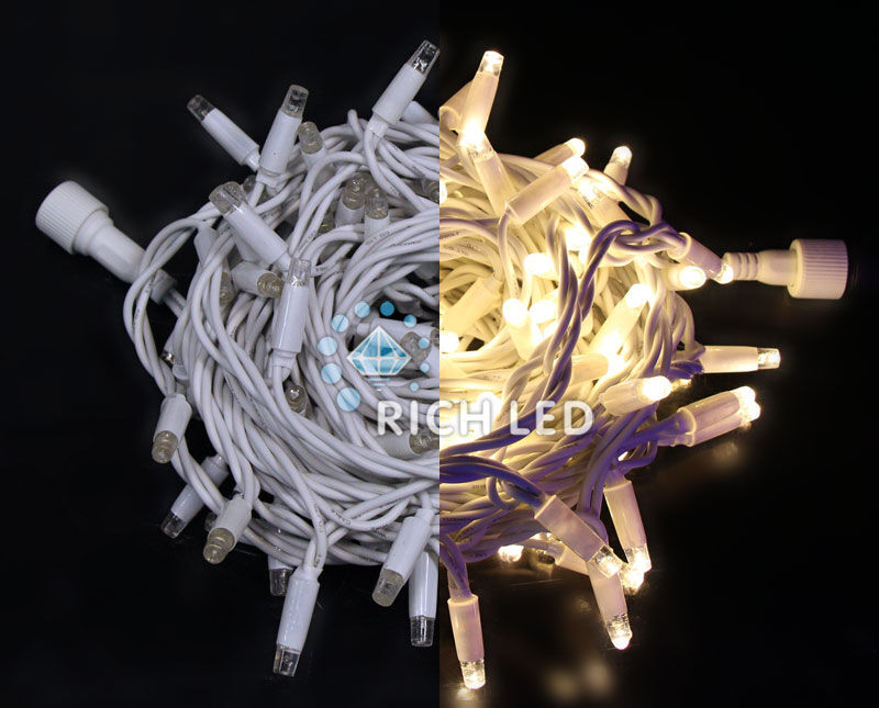 Светодиодная гирлянда Rich LED 10 м, 100 LED, 24 В, соединяемая, белая теплая, белый резиновый провод, RICH LED