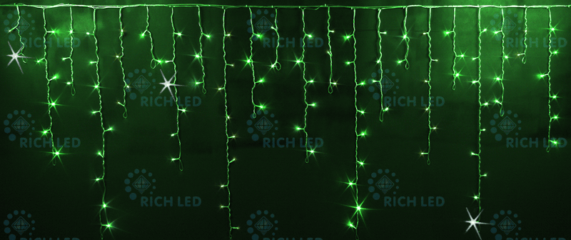 Светодиодная бахрома Rich LED, 3*0.9 м, зеленая, мерцающая, прозрачный провод, RICH LED