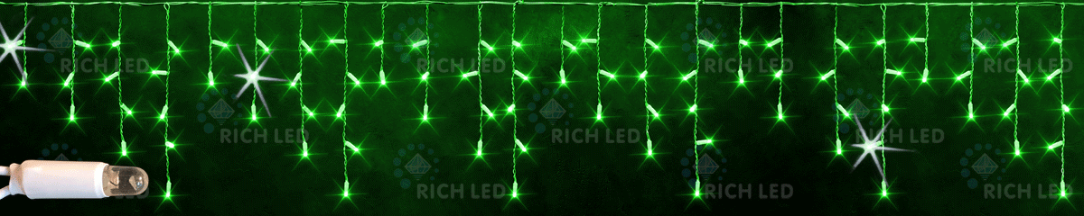 Светодиодная бахрома Rich LED, 3*0.5 м, зеленая, мерцающая, белый резиновый провод, RICH LED