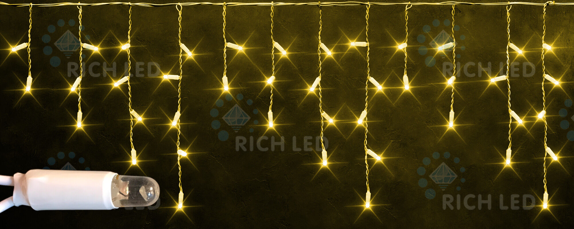 Светодиодная бахрома Rich LED, 3*0.5 м, влагозащитный колпачок, желтая, прозрачный провод, RICH LED