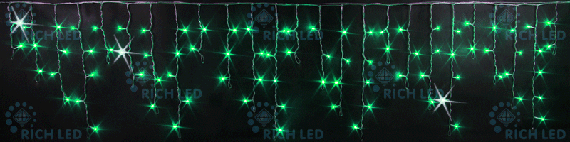 Светодиодная бахрома Rich LED, 3*0.5 м, зеленая, мерцающая, прозрачный провод, RICH LED