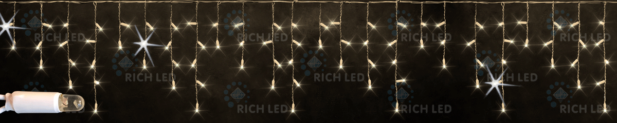 Светодиодная бахрома Rich LED, 3*0.5 м, влагозащитный колпачок, мерцающая, теплая белая, белый провод, RICH LED