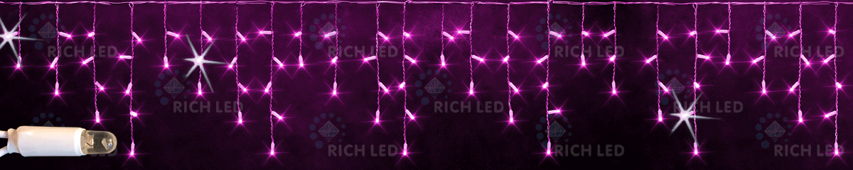 Светодиодная бахрома Rich LED, 3*0.5 м, влагозащитный колпачок, мерцающая, розовая, белый провод. RICH LED