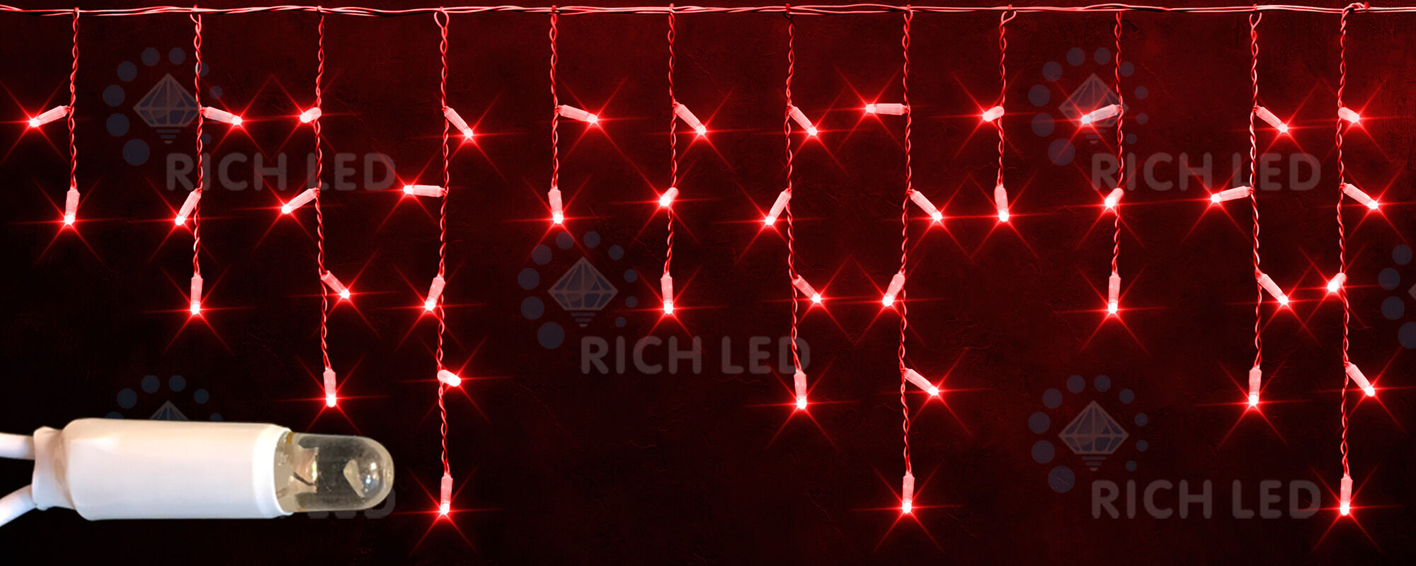 Светодиодная бахрома Rich LED, 3*0.5 м, влагозащитный колпачок, красная, прозрачный провод, RICH LED