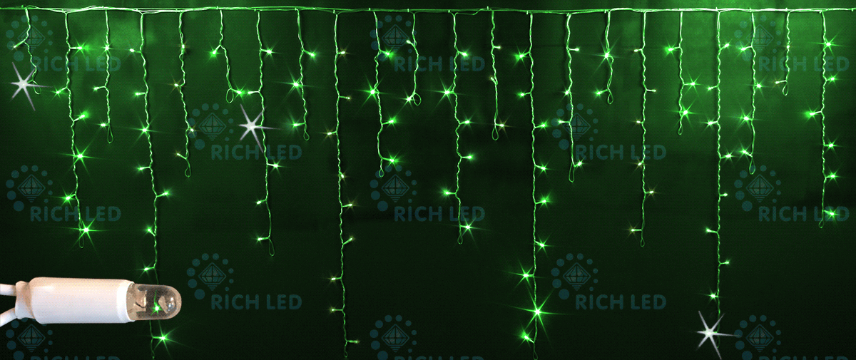 Светодиодная бахрома Rich LED, 3*0.9 м, влагозащитный колпачок, мерцающая, зеленая, белый провод, RICH LED