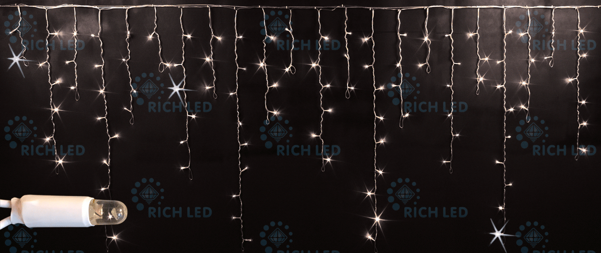 Светодиодная бахрома Rich LED, 3*0.9 м, влагозащитный колпачок, мерцающая, теплая белая, белый провод, RICH LED