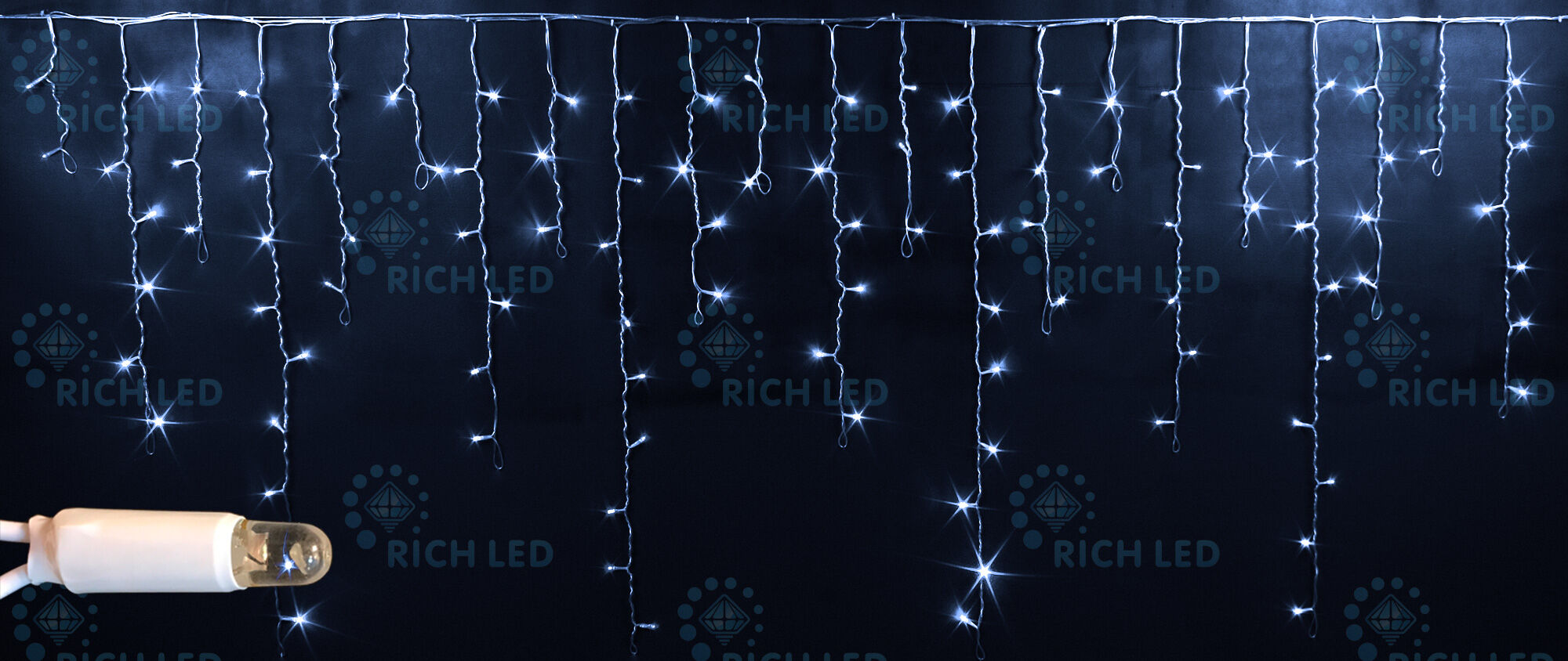 Светодиодная бахрома Rich LED, 3*0.9 м, влагозащитный колпачок, белая, прозрачный провод, RICH LED