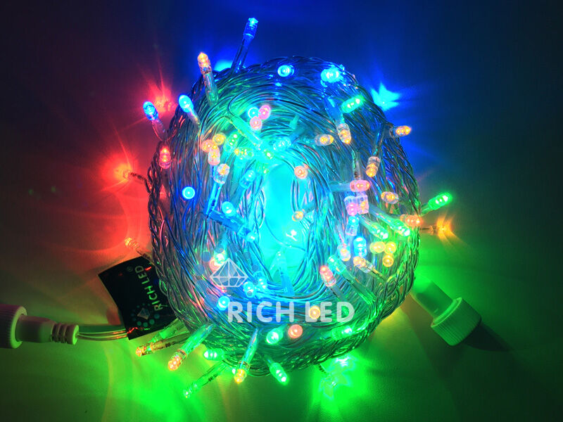 Светодиодная гирлянда Rich LED 10 м, 100 LED, 24 В, соединяемая, мульти, прозрачный провод RICH LED