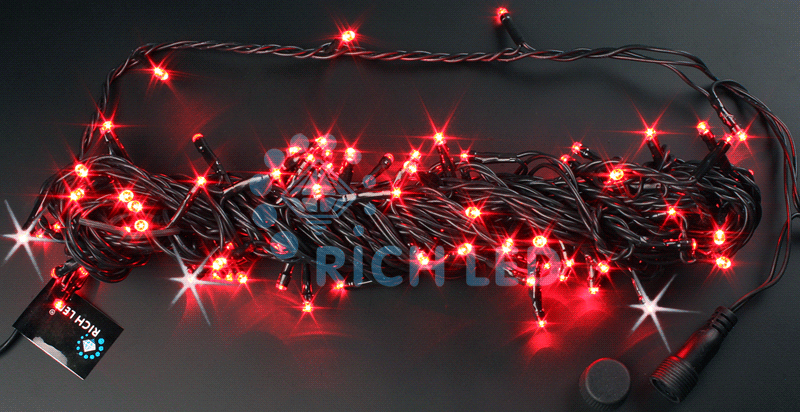 Светодиодная гирлянда Rich LED 10 м, 100 LED, 24 В, соединяемая, красная, мерцающая, черный провод, RICH LED