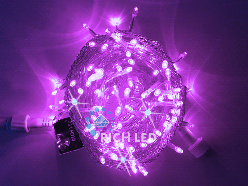 Светодиодная гирлянда Rich LED 10 м, 100 LED, 24 В, соединяемая, фиолетовая, мерцающая, прозрачный провод RICH LED