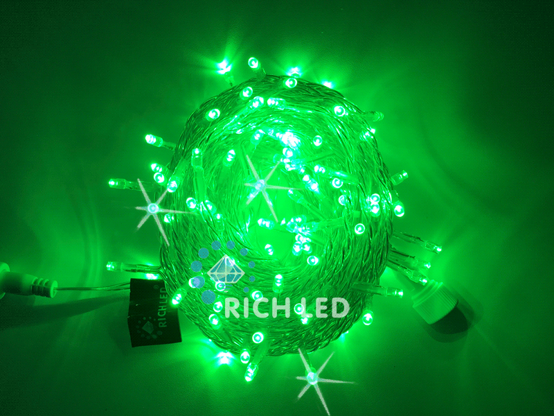 Светодиодная гирлянда Rich LED 10 м, 100 LED, 24 В, соединяемая, зеленая, мерцающая, прозрачный провод RICH LED