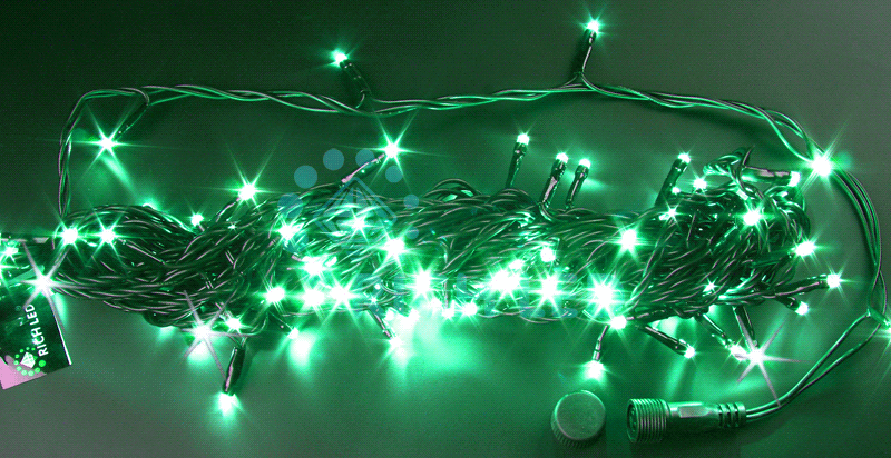 Светодиодная гирлянда Rich LED 10 м, 100 LED, 24 В, соединяемая, зелёная, мерцающая, черный провод, RICH LED